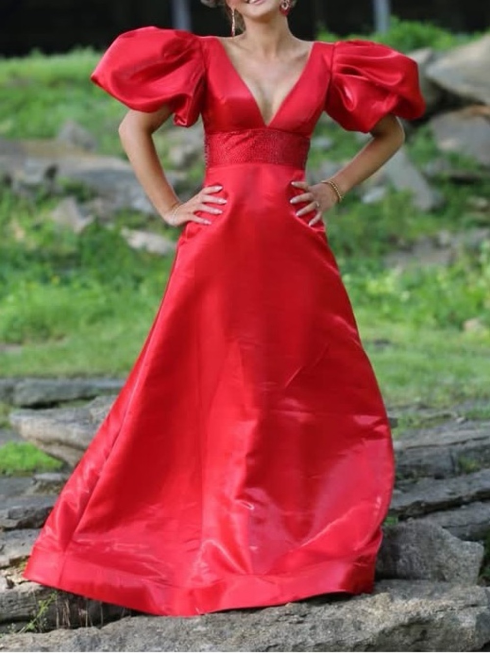 Ashley Lauren Red Puff-Sleeve Gown Dress